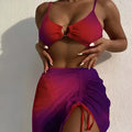 Women's three piece loop buckle hollow suspender swimsuit in orange or purple gradient print, sizes S M L