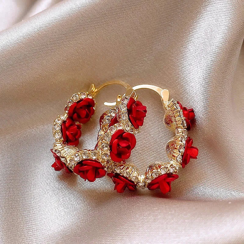 Red alloy ear clips with rose flower design for women's clip-on jewellery