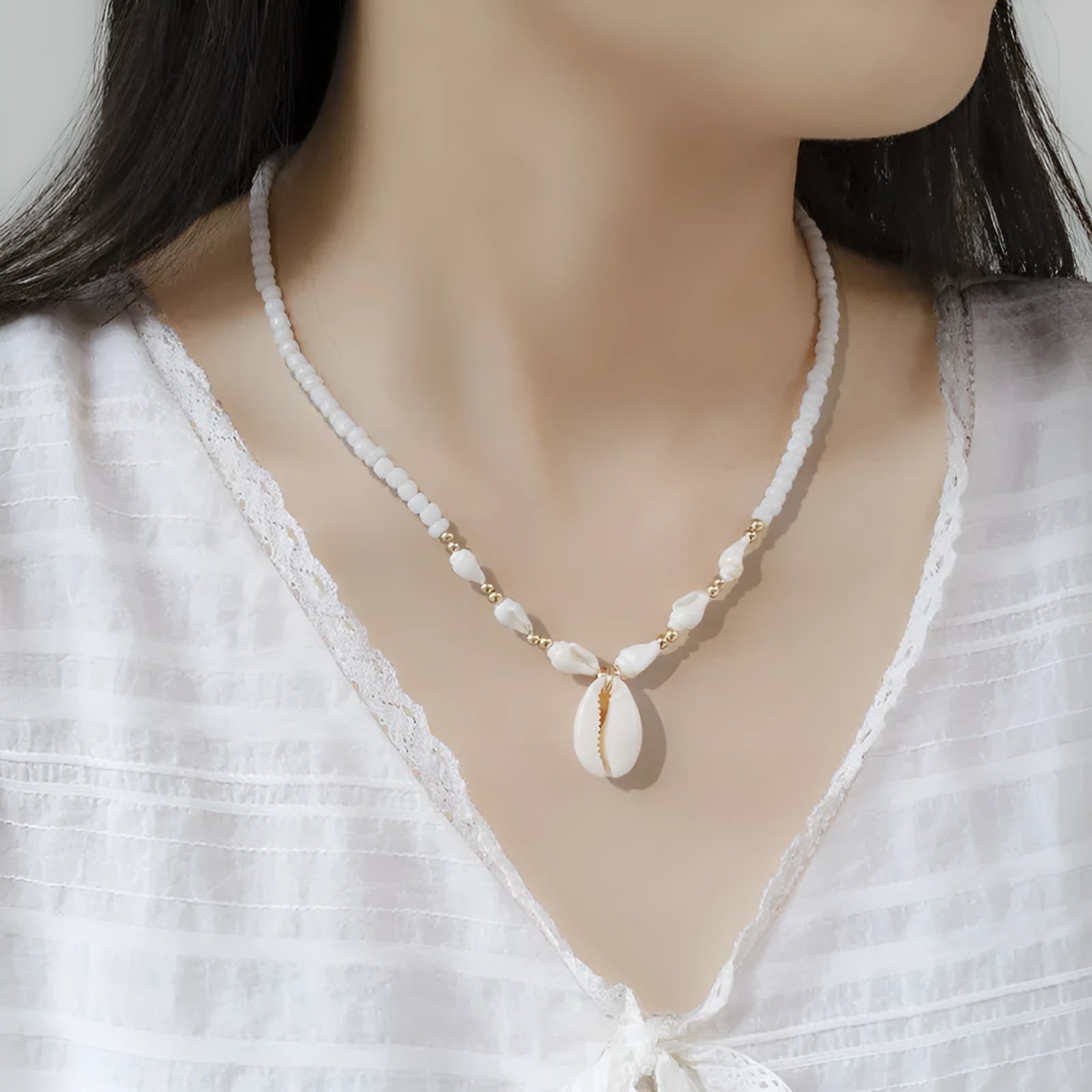 White conch shell bead necklace for women with mother of pearl pendant on a regular chain