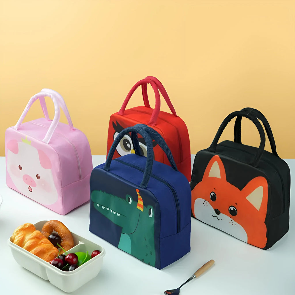 Colourful cartoon insulated lunch box bag for children with aluminium foil lining.