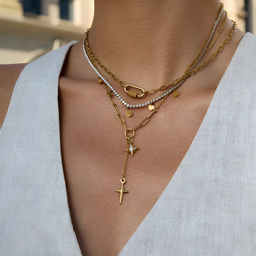 18K gold stainless steel necklace with white diamond eight-pointed star centre, regular chain, JDN0305056 colour