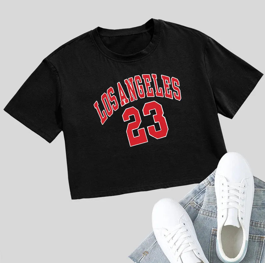 Personalised English letters on black cotton T-shirt with exposed navel design and short sleeves