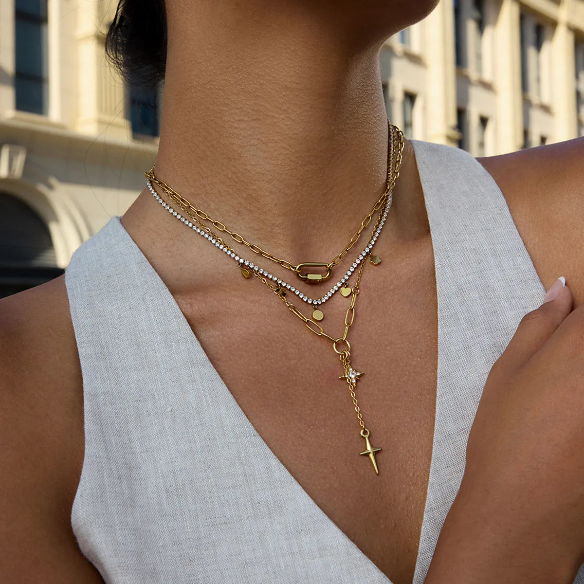18K gold stainless steel necklace with white diamond eight-pointed star centre, regular chain, JDN0305056 colour