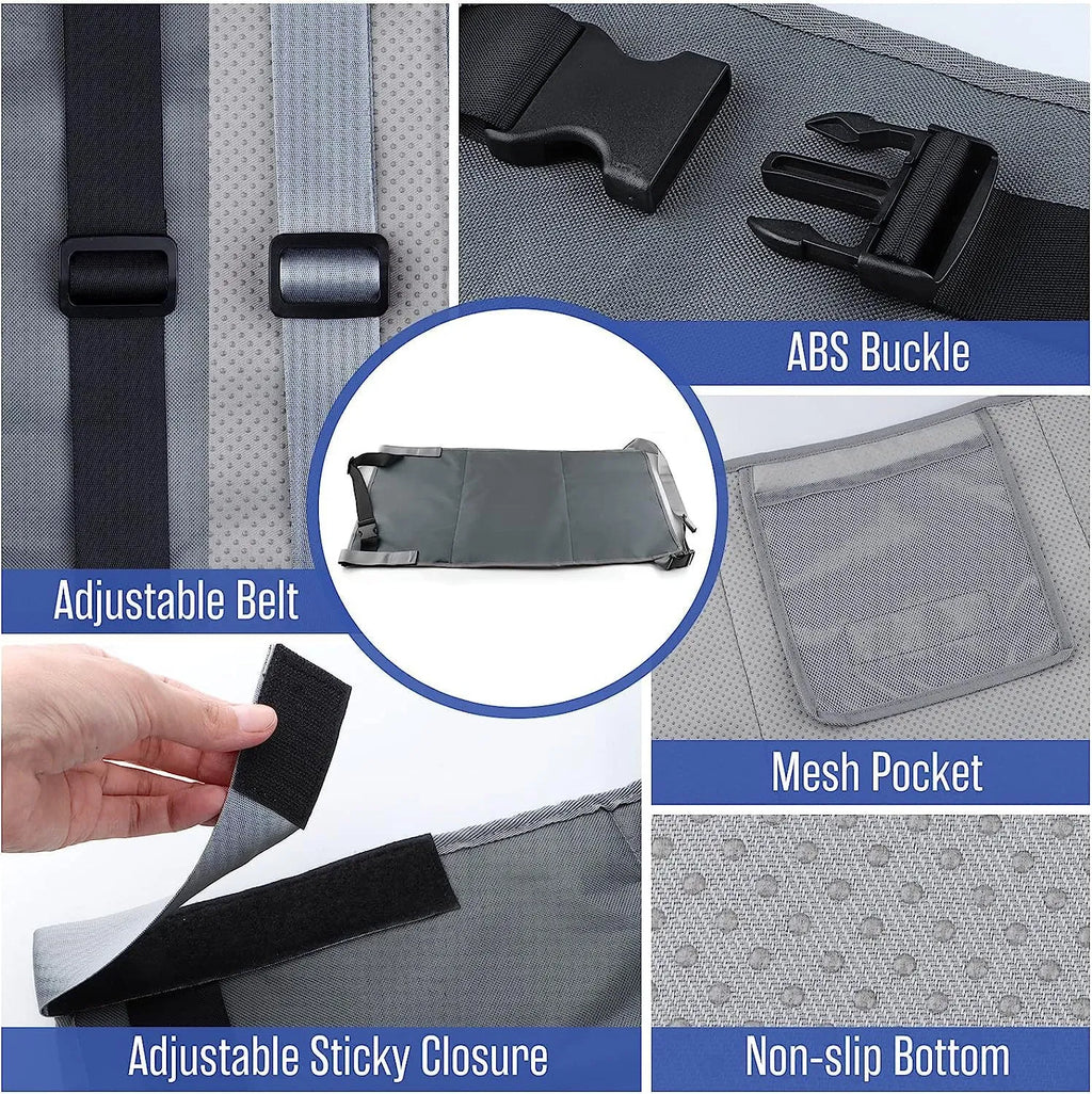 Portable blue children's aircraft pedal seat extender with extension device and drawstring pocket.