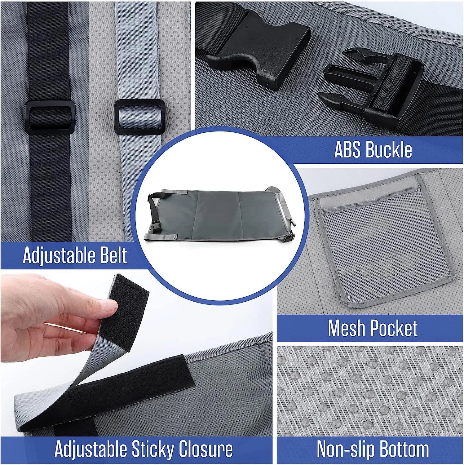 Portable blue children's aircraft pedal seat extender with extension device and drawstring pocket.