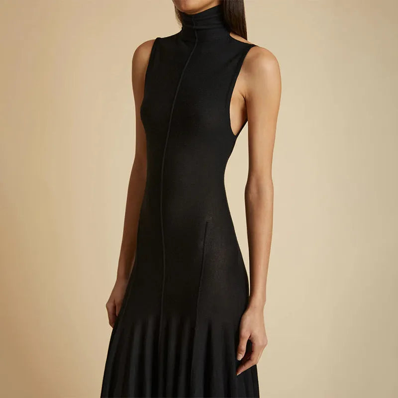 Women's grey cotton half-turtleneck backless slim-fit dress with high waist