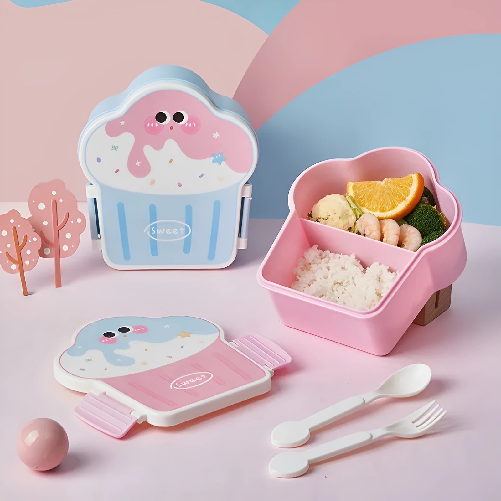Ice cream shaped plastic lunch box with spoon and fork in pink or blue cartoon design