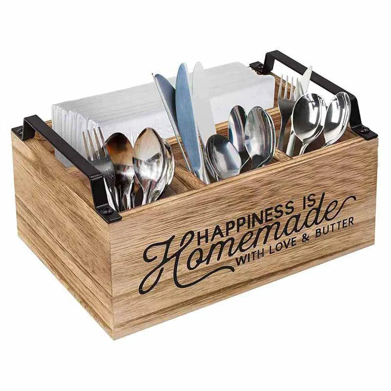 Wooden kitchen storage box with grid dividers for organising tableware