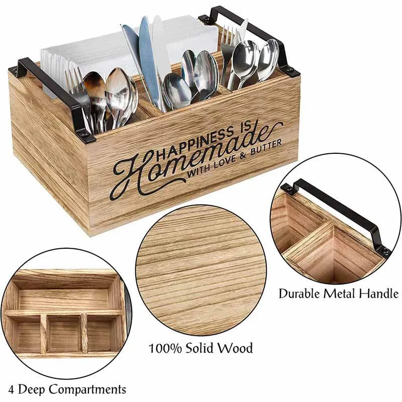 Wooden kitchen storage box with grid dividers for organising tableware