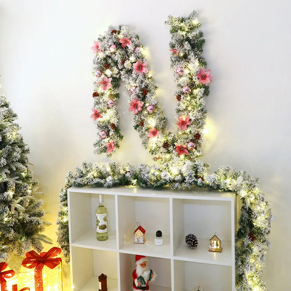 American-style PVC Christmas rattan garland with white flocking, shown draped in golden and red colour options.