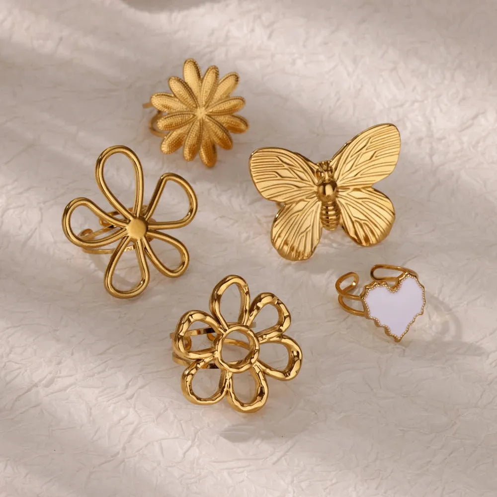 Stainless steel open mouth hollow flower ring for women in gold finish