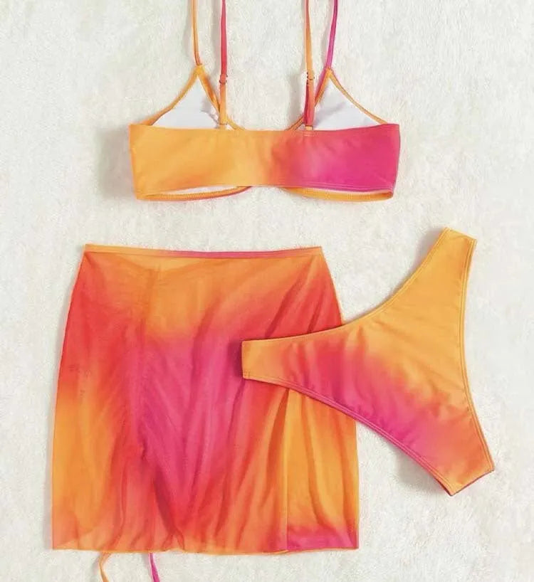 Women's three piece loop buckle hollow suspender swimsuit in orange or purple gradient print, sizes S M L