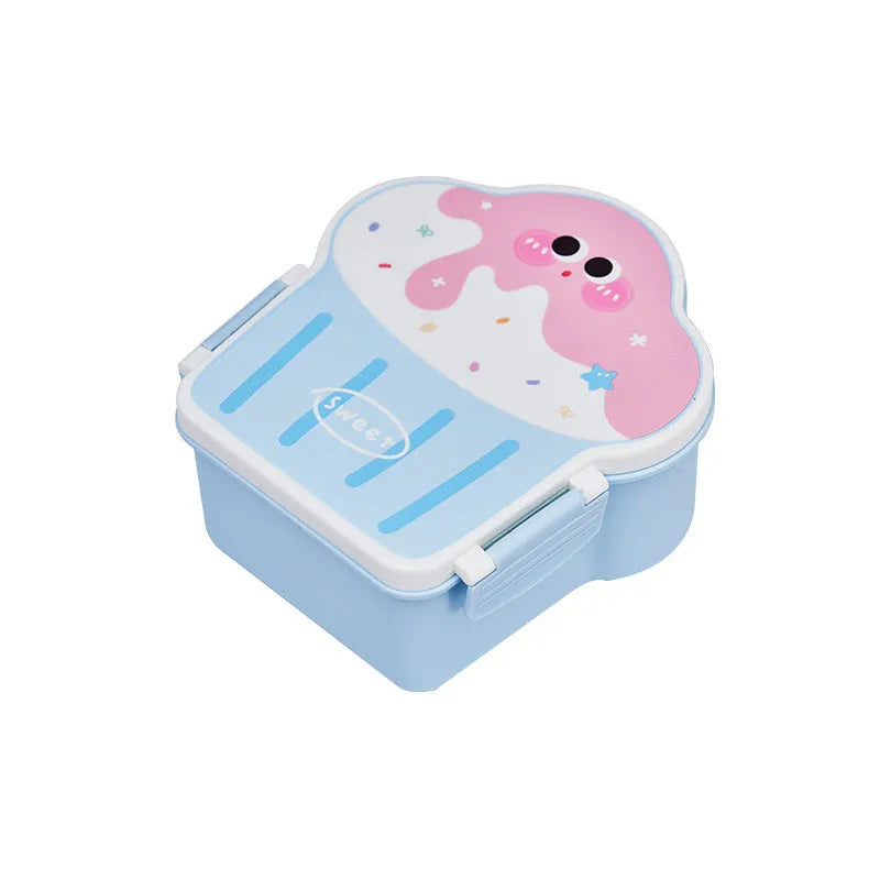 Ice cream shaped plastic lunch box with spoon and fork in pink or blue cartoon design