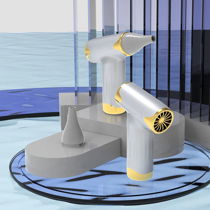 Blue handheld portable turbofan with brushless motor showing rotation and humidification functions