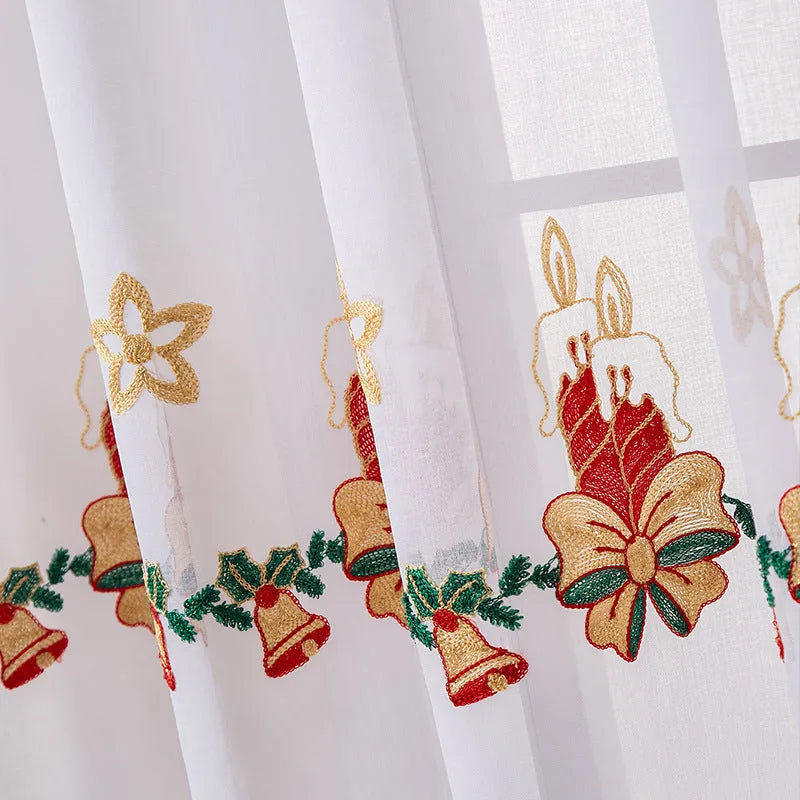 American Christmas curtain with embroidered snowflake design in semi-sunshade fabric