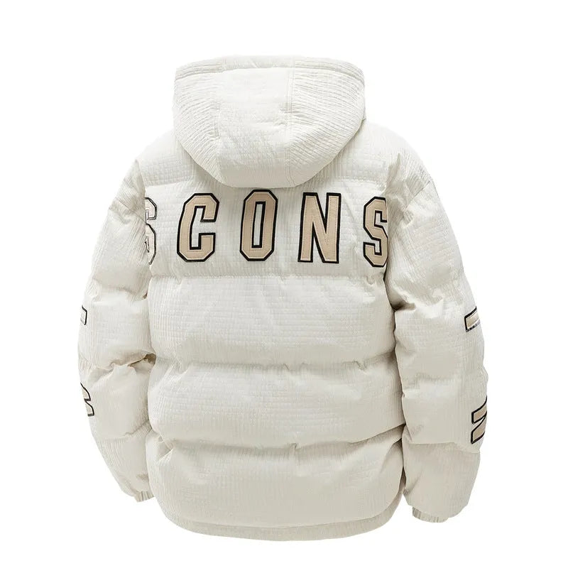 Korean-style men's black hooded padded coat with letter print and side pockets