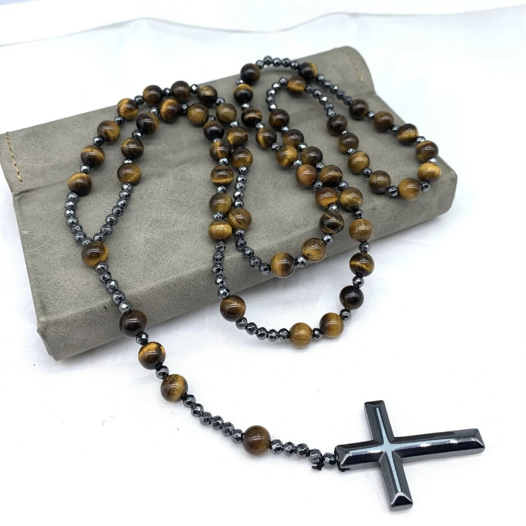 Hand-woven stone cross pendant necklace on ball bead chain with safety lock clasp