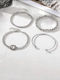 Women's four-piece alloy bracelet set with geometric shapes and chain links in gold or silver finish
