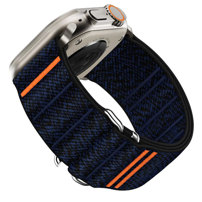 Elastic nylon Apple Watch replacement band with stainless steel buckle in various colours.