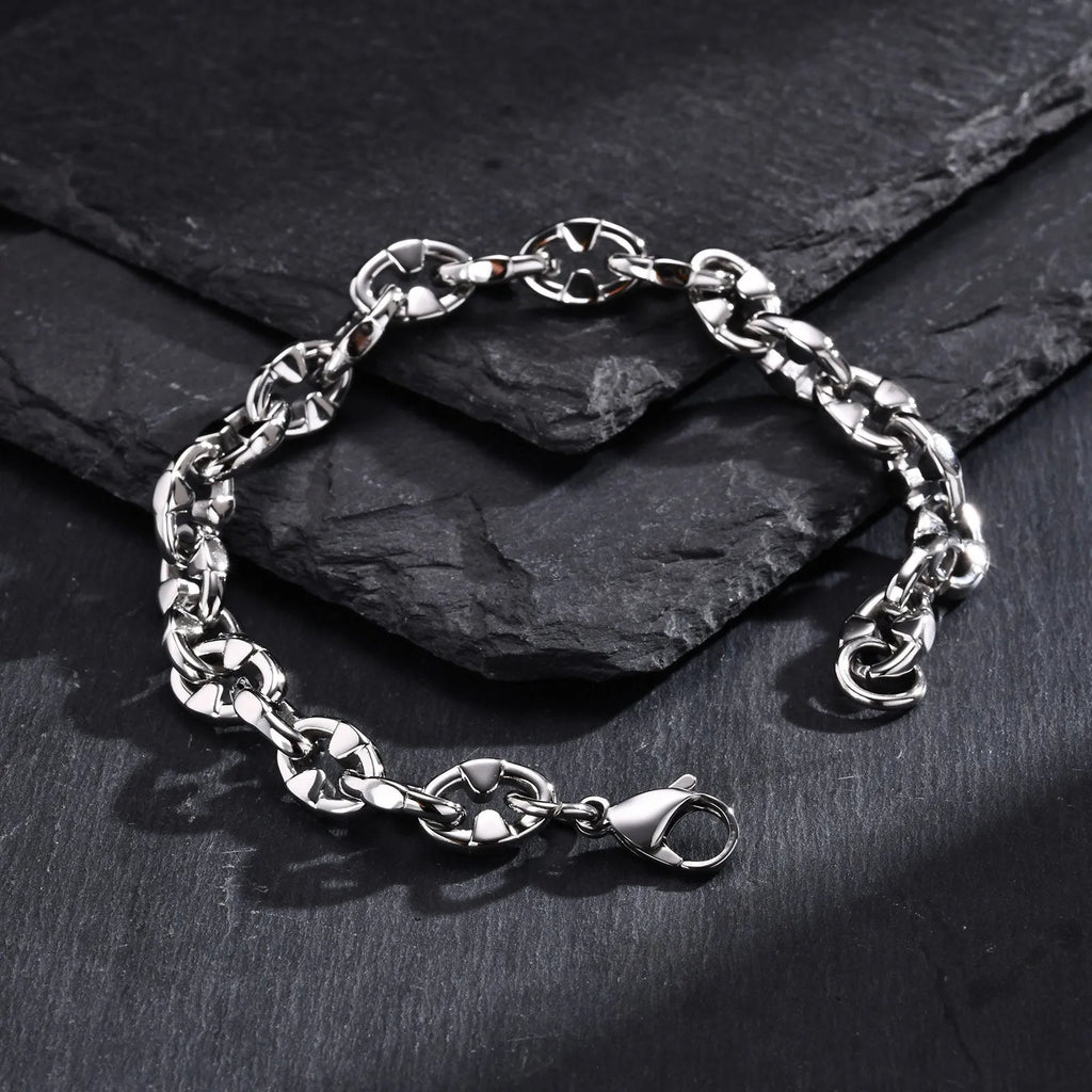 Handmade thick stainless steel geometric chain bracelet in steel colour for men's hip hop fashion