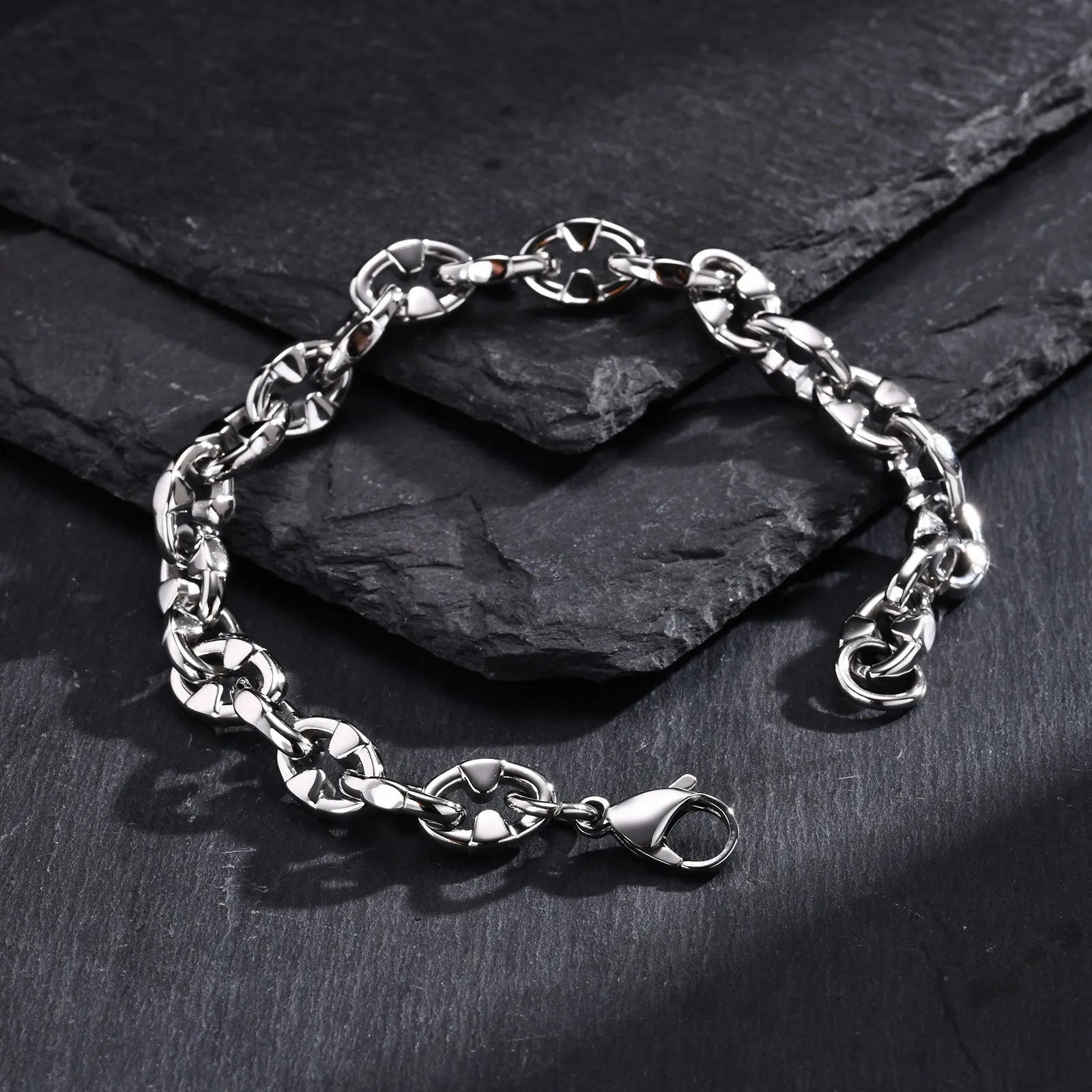 Handmade thick stainless steel geometric chain bracelet in steel colour for men's hip hop fashion