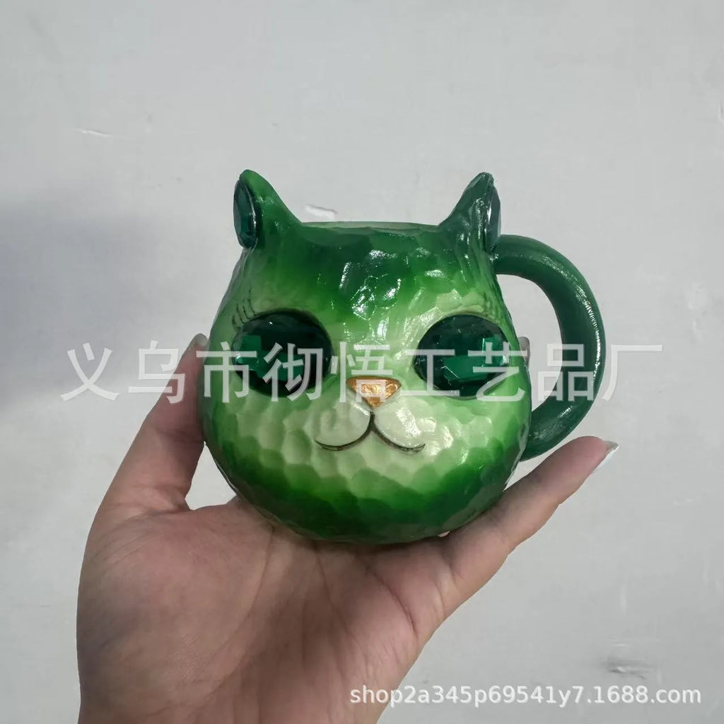 American style decorative resin cat cup in blue, green, pink, or purple colour.