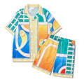 Men's plaid print beach outfit set with short sleeve shirt and trousers on hanger