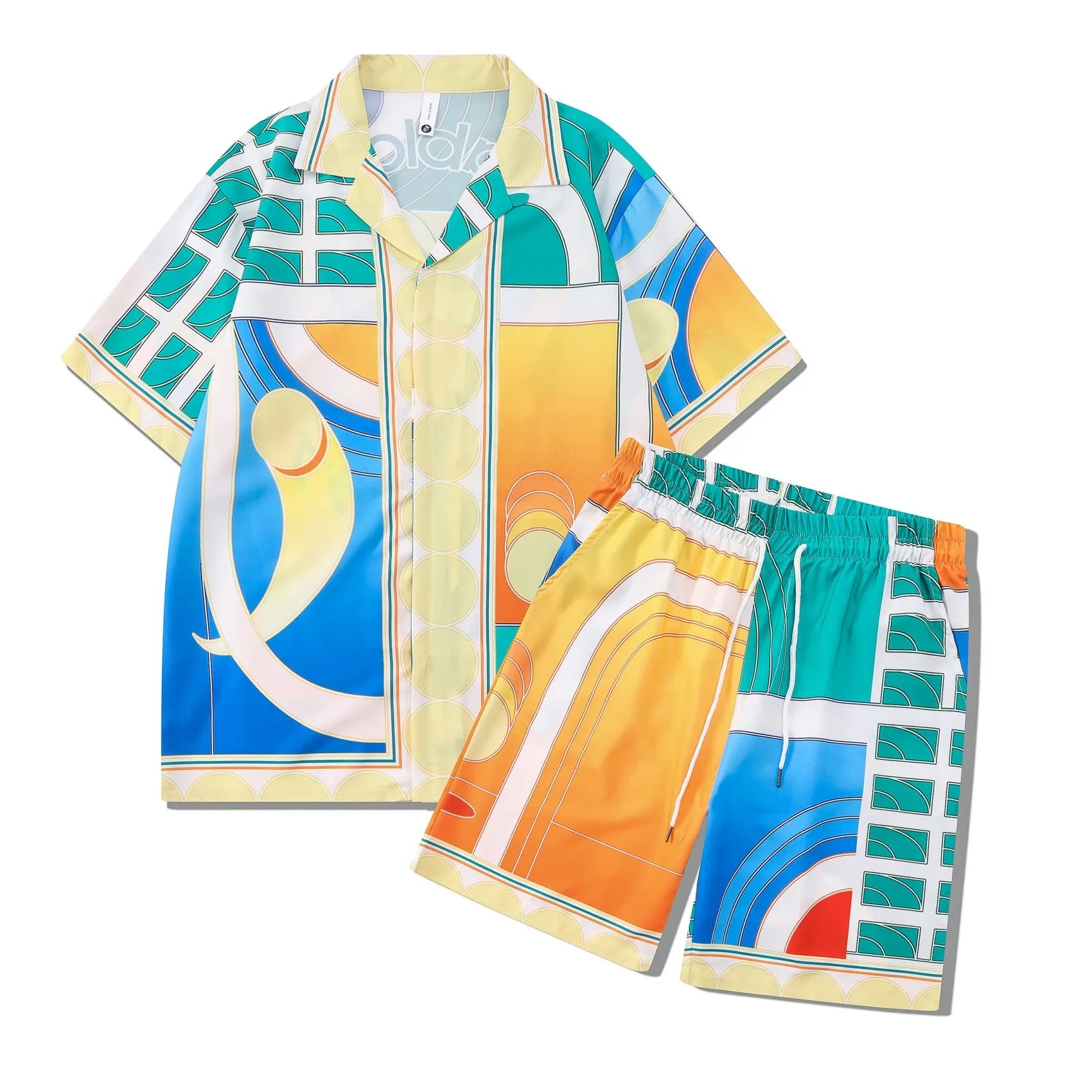 Men's plaid print beach outfit set with short sleeve shirt and trousers on hanger