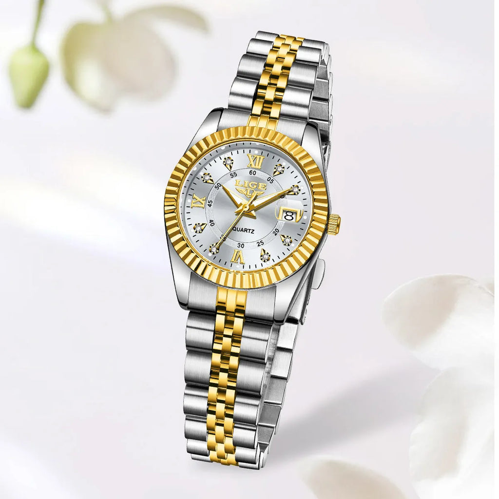 Gold and silver waterproof quartz watch for women with a 10mm thick case on a wrist.