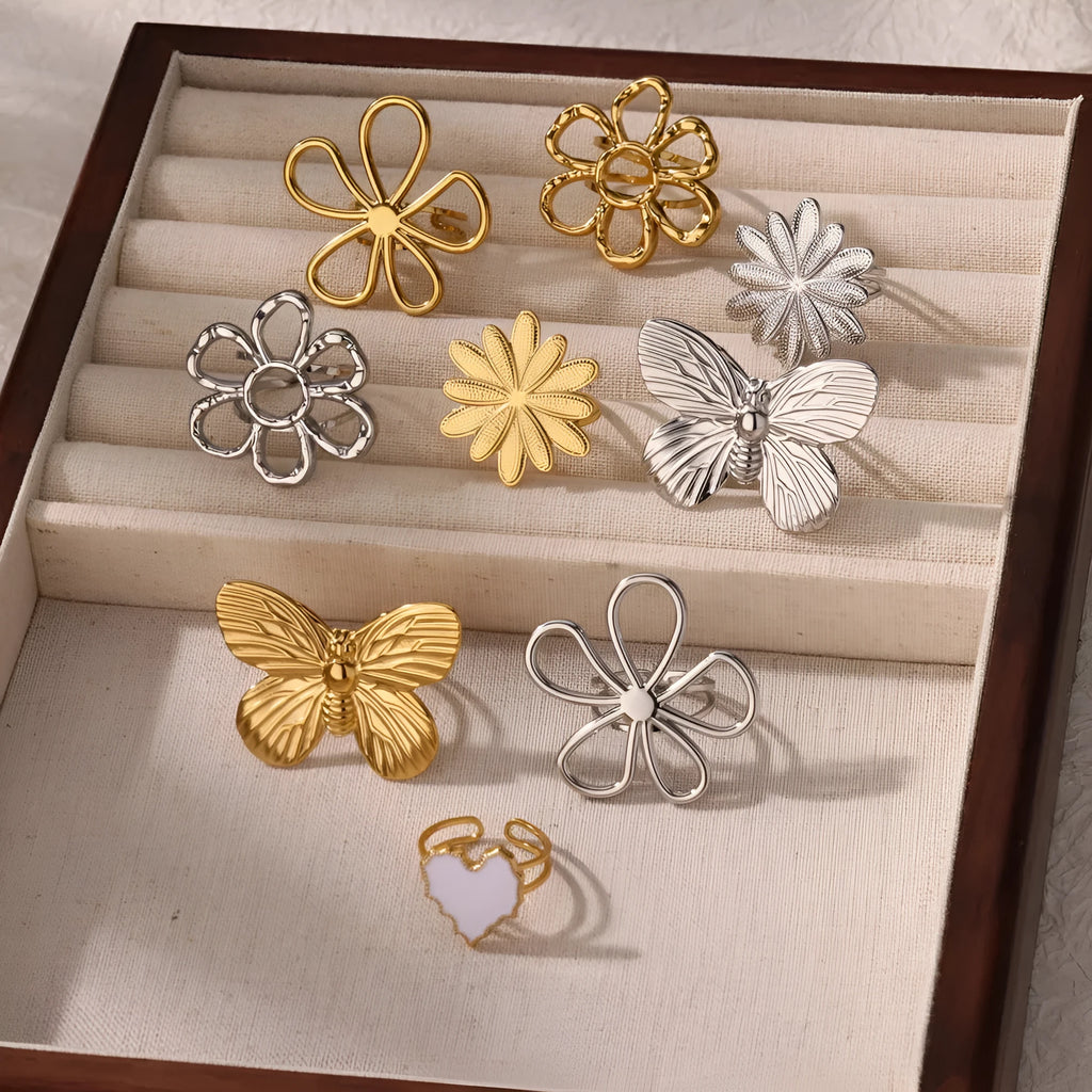 Stainless steel open mouth hollow flower ring for women in gold finish