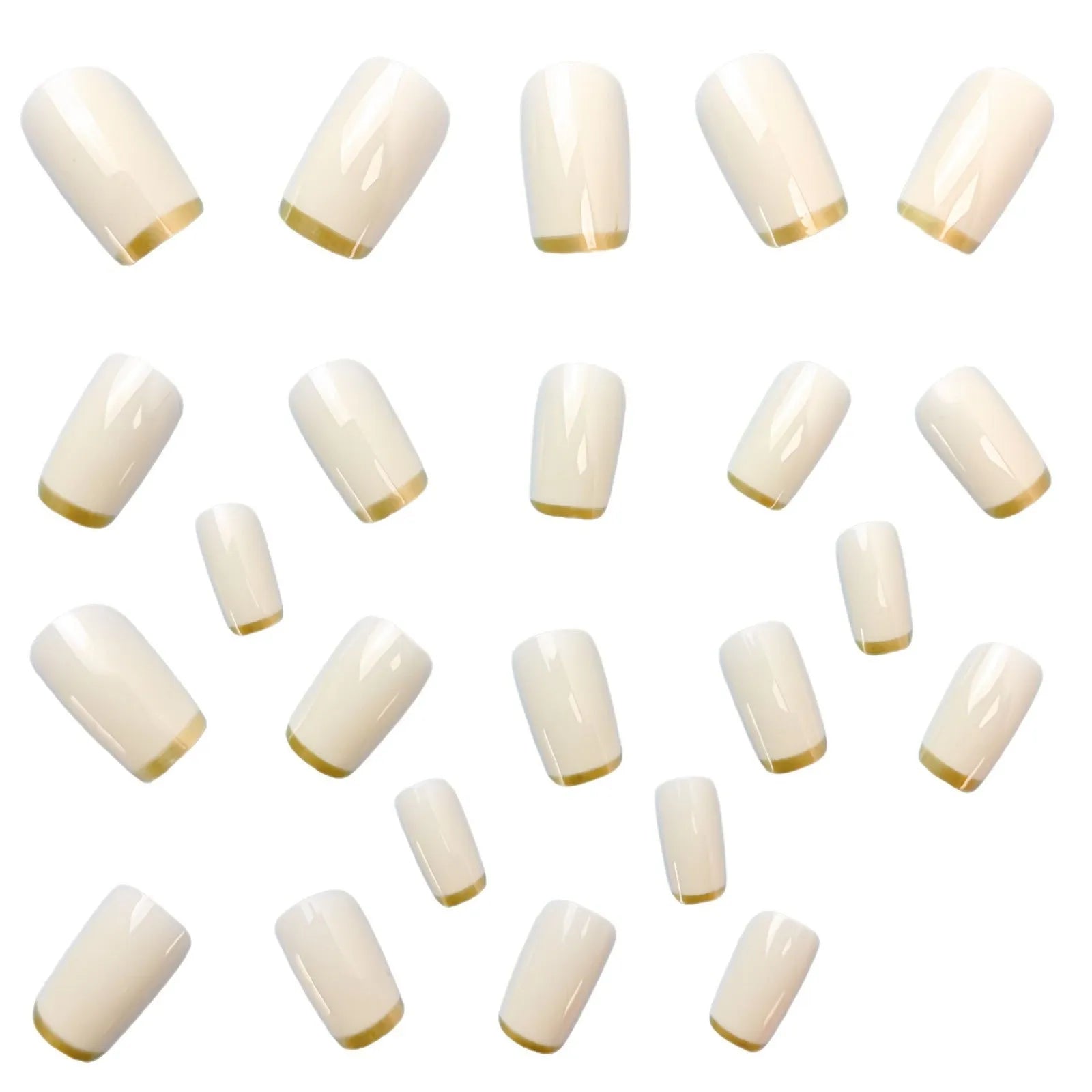 White and gold mid-length European square nail art patch set on fingers, French style manicure