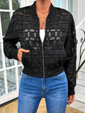 Women's black geometric pattern casual jacket with semi-transparent thread zipper detail
