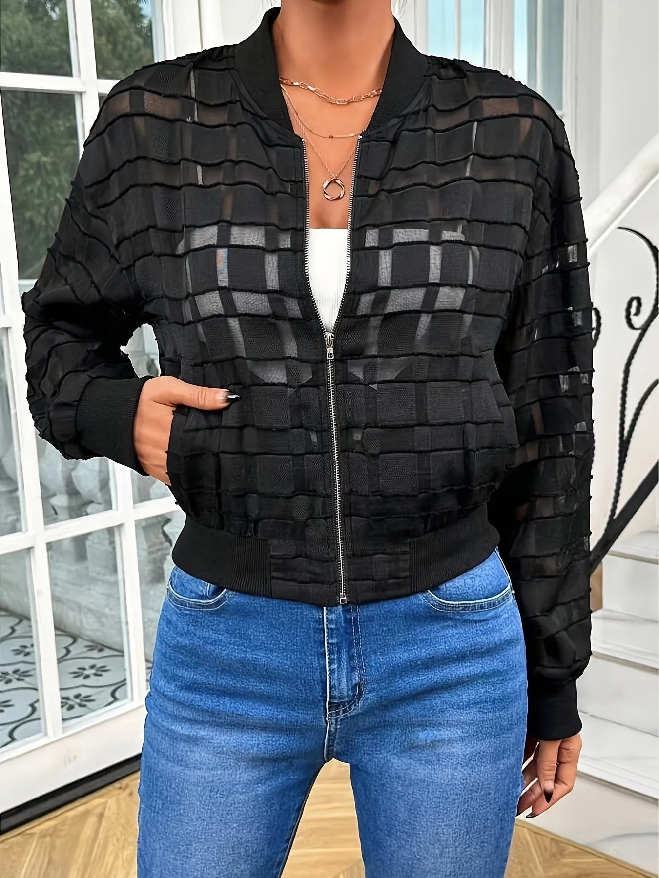 Women's black geometric pattern casual jacket with semi-transparent thread zipper detail