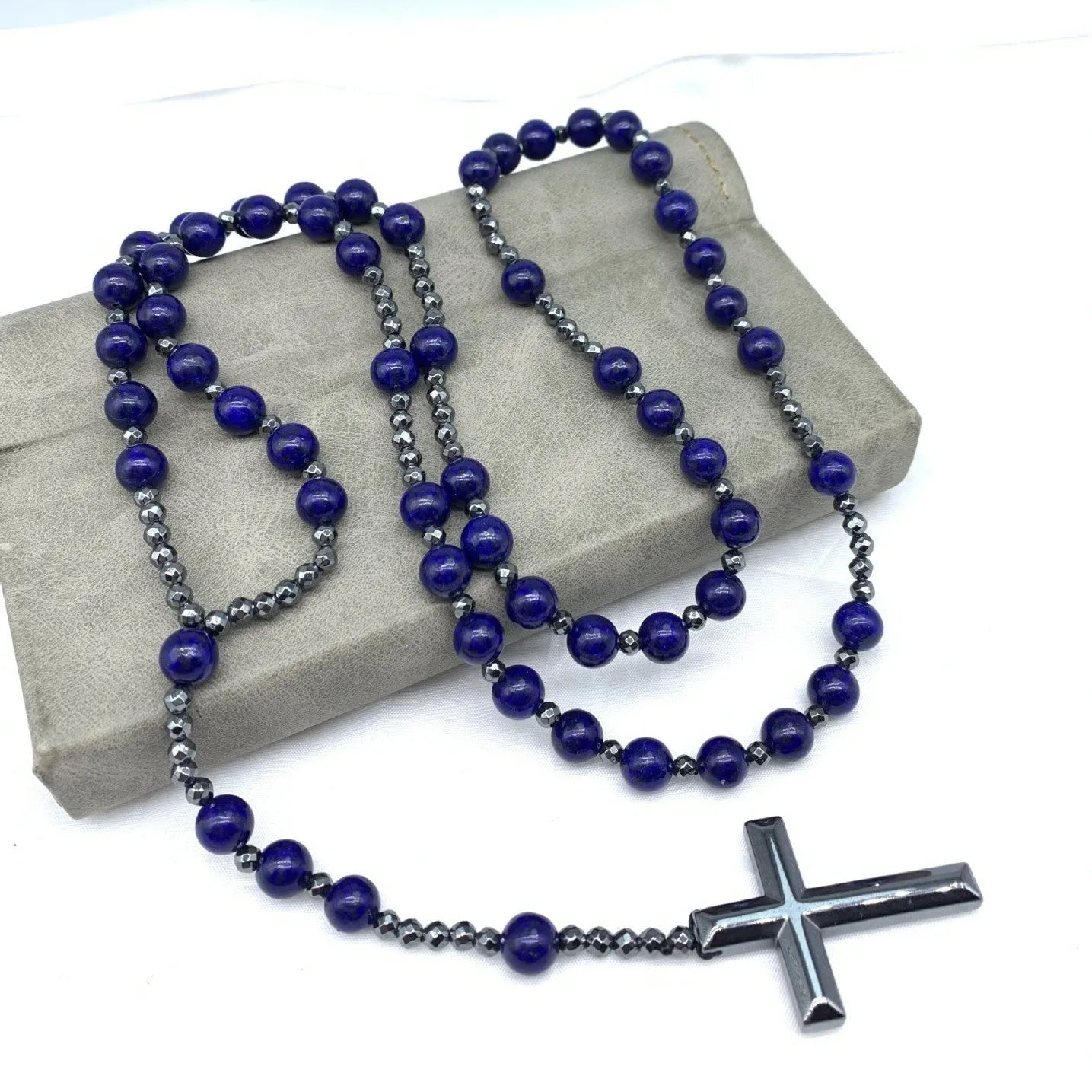 Hand-woven stone cross pendant necklace on ball bead chain with safety lock clasp