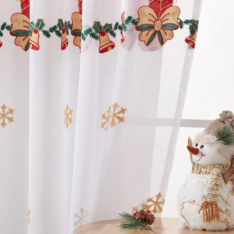 American Christmas curtain with embroidered snowflake design in semi-sunshade fabric