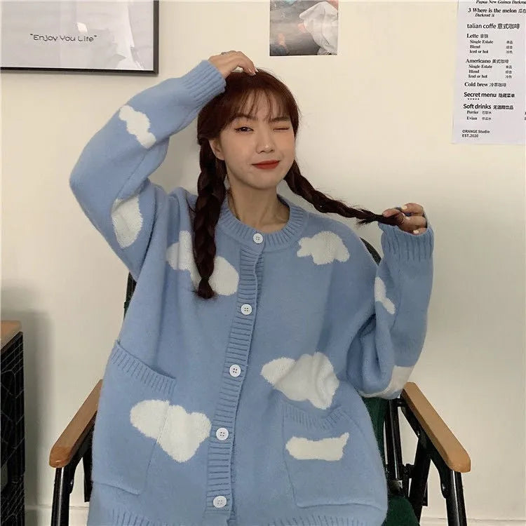 Blue cloud pattern women's loose cardigan sweater with long sleeves.