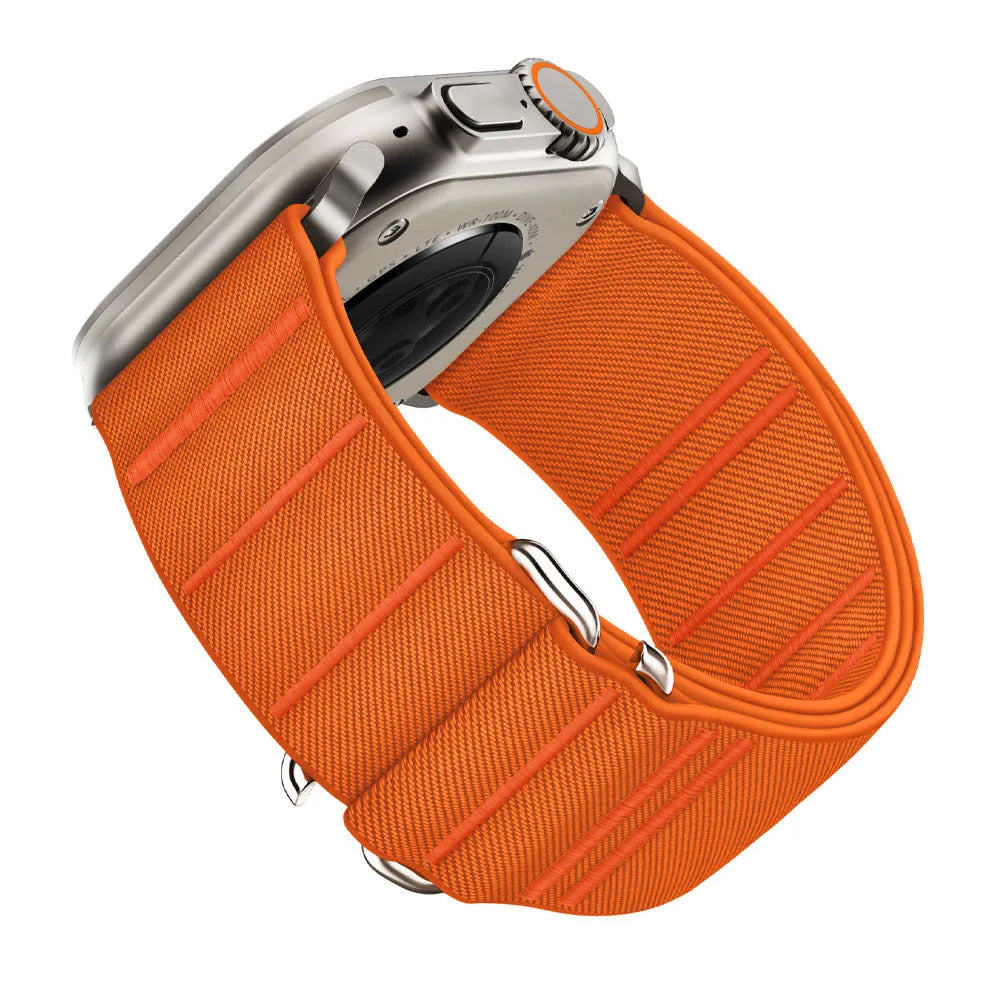 Elastic nylon Apple Watch replacement band with stainless steel buckle in various colours.