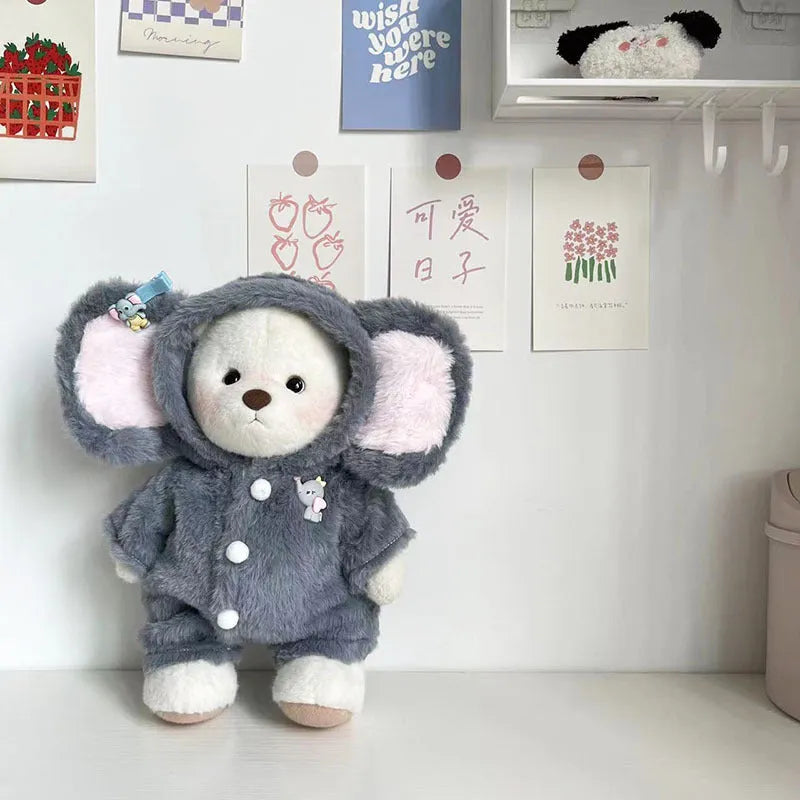 Grey elephant pattern one-piece jumpsuit for a 30cm tall plush teddy bear doll.