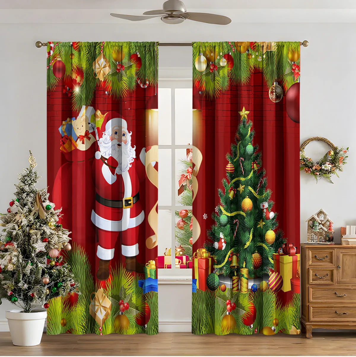Pair of 3D digital printed Christmas curtains with a festive pattern on a window.