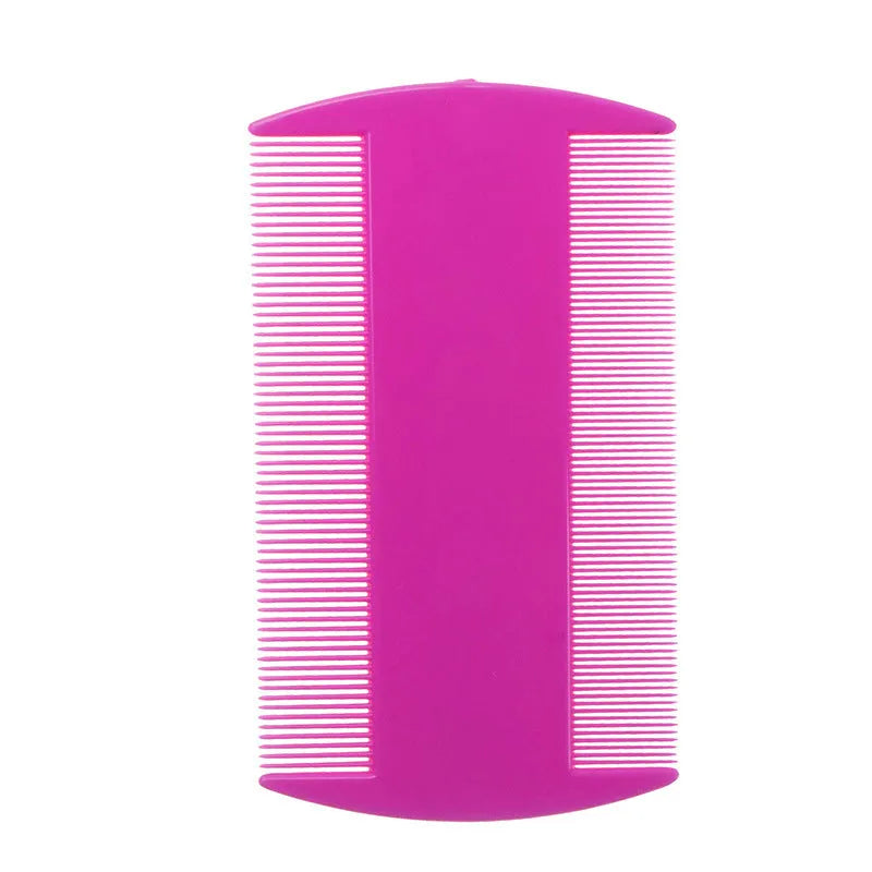 A white double-edged fine-toothed plastic lice comb on a blue surface, showing its 8cm length.