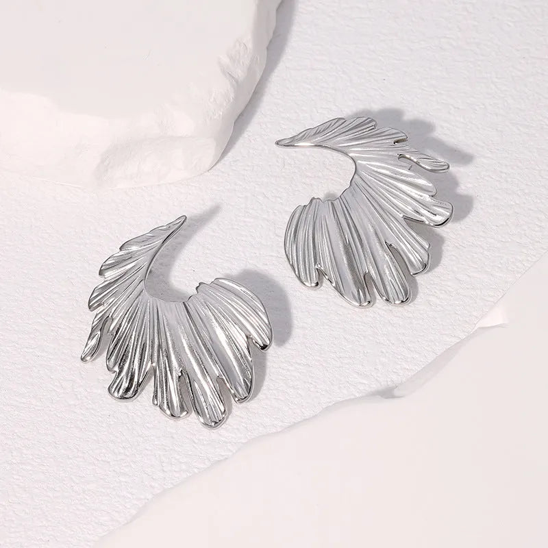Gold and steel colour stainless steel leaf stud earrings with retro design