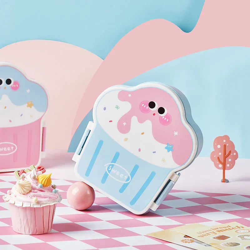 Ice cream shaped plastic lunch box with spoon and fork in pink or blue cartoon design