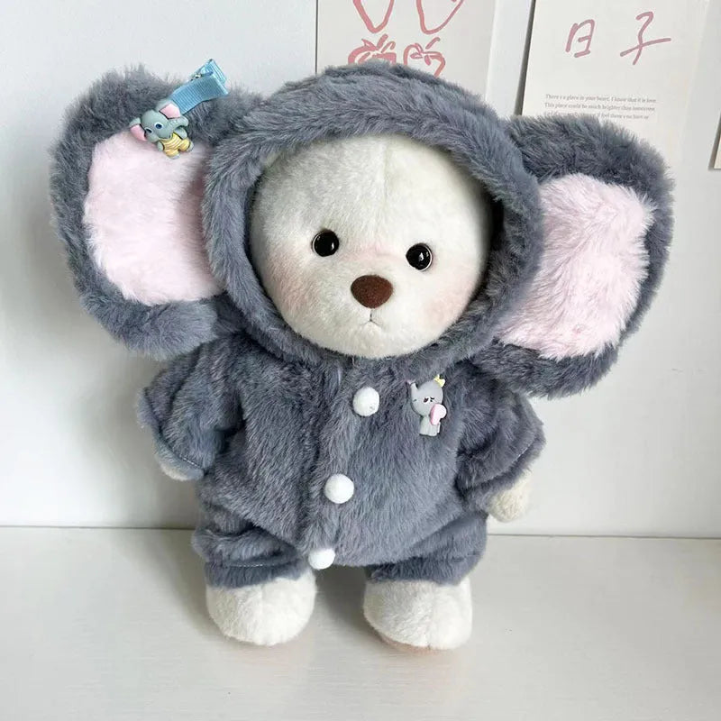 Grey elephant pattern one-piece jumpsuit for a 30cm tall plush teddy bear doll.