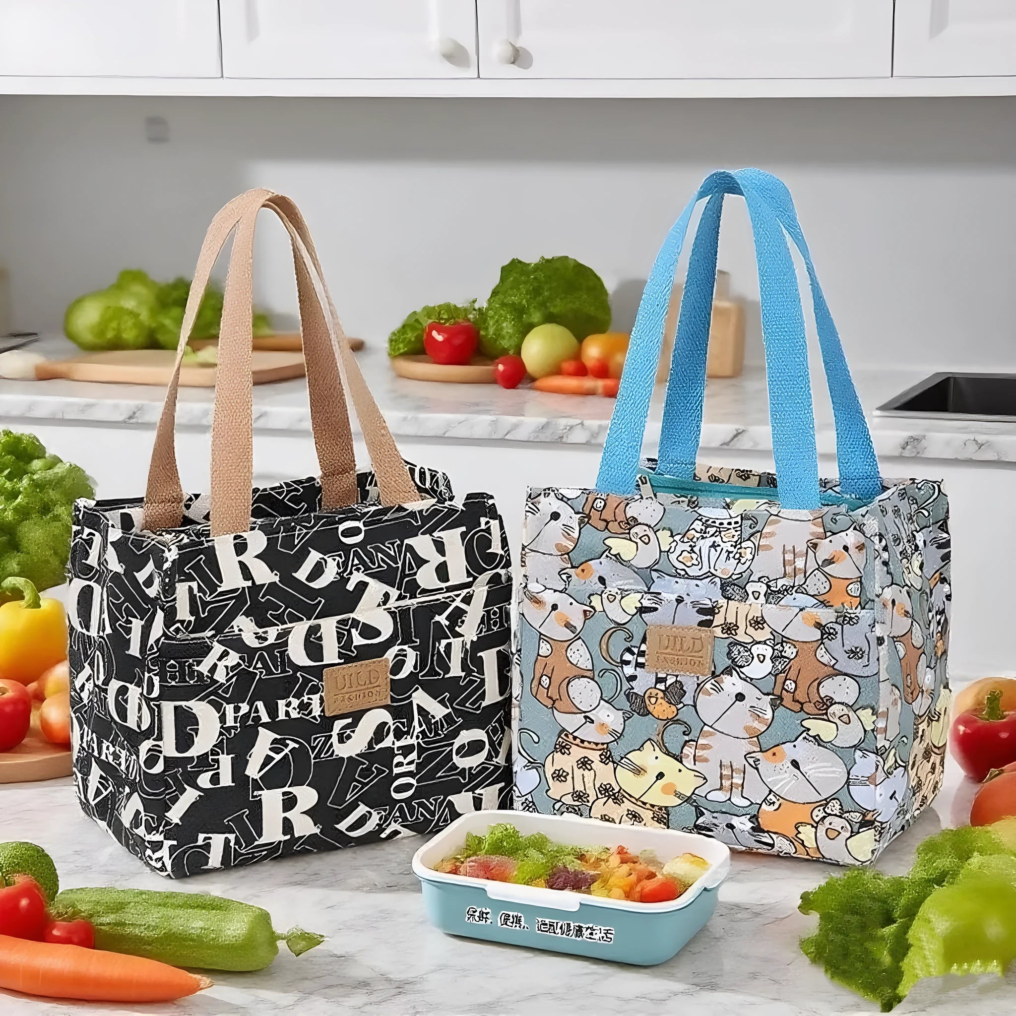 Women's large square canvas handbag with aluminium handles in a choice of printed floral and cat designs.