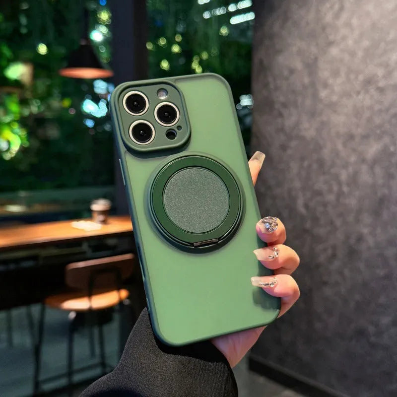 Magnetic suction pivot phone case with invisible bracket and frosted finish for iPhone