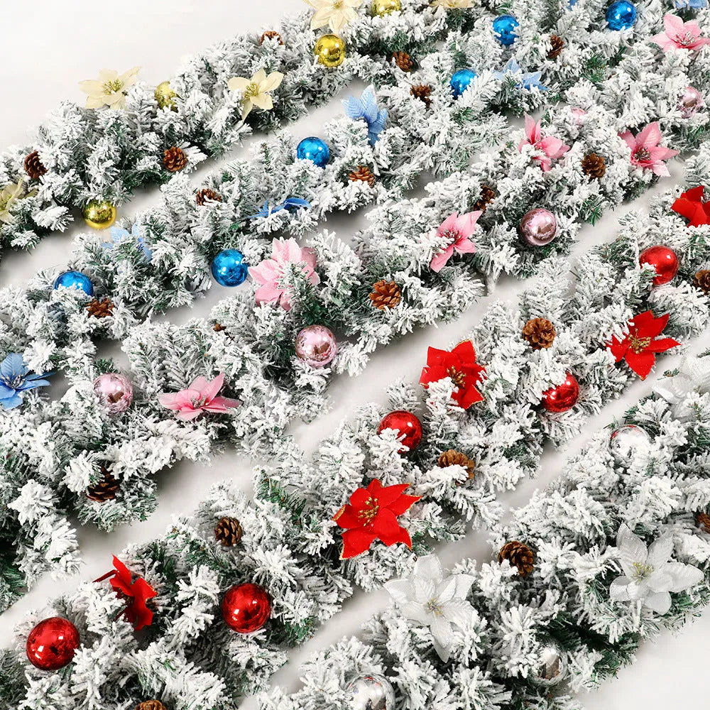 American-style PVC Christmas rattan garland with white flocking, shown draped in golden and red colour options.