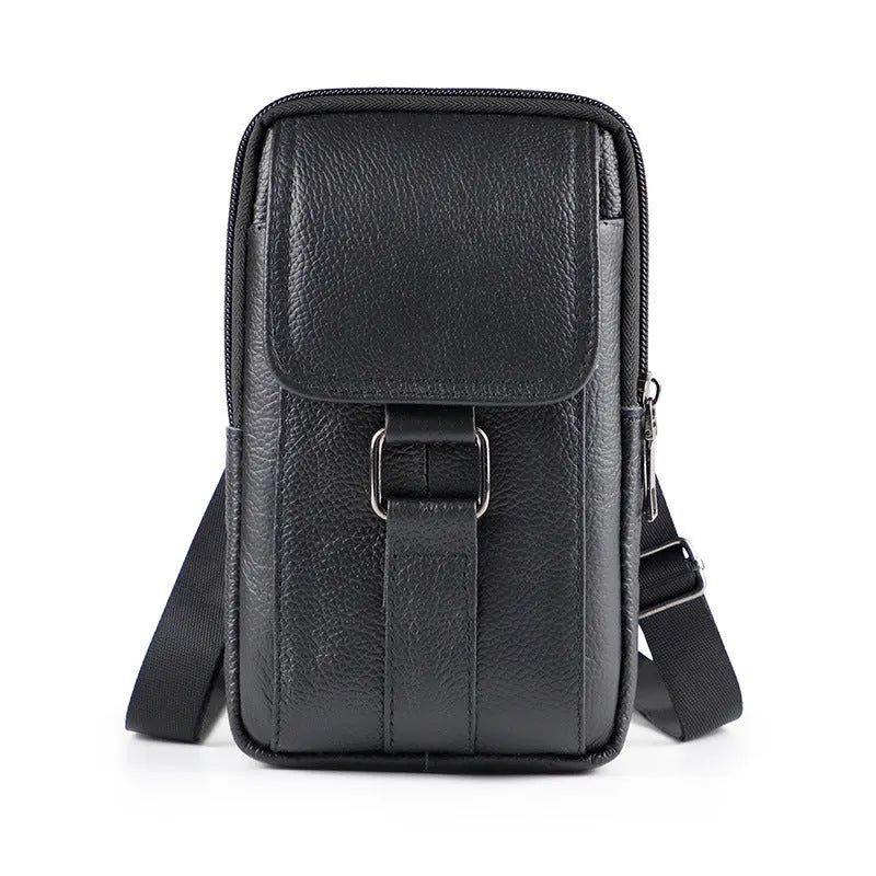 Men's black genuine leather crossbody waist bag with a lock closure, shown in a vertical square shape.
