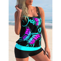 Plus size women's butterfly print swimsuit with halter top and separate shorts