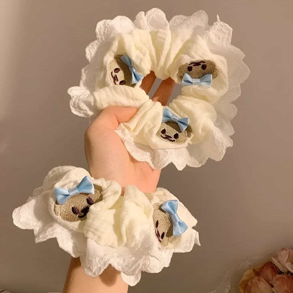 Blue bear-themed cloth headband with bow lace decoration and elastic design