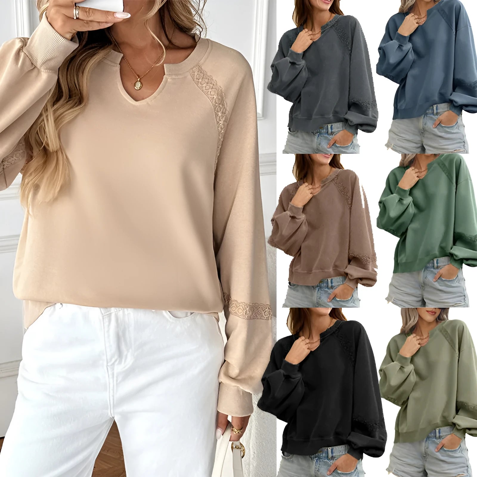 Women's half-open collar long sleeve sweater with stitching lace detail in cotton polyester fabric